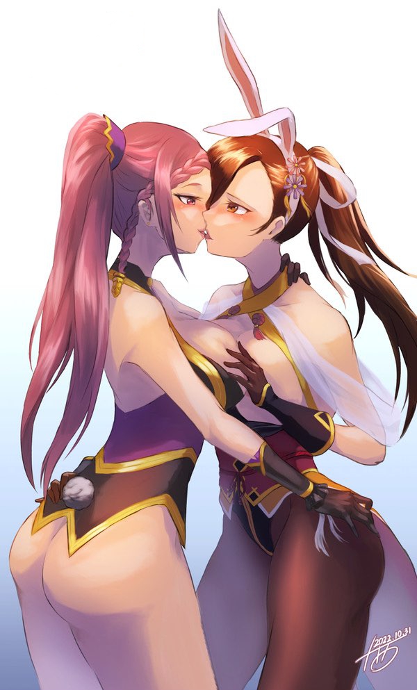 2girls after_kiss animal_ears ass ass_grab asymmetrical_docking bare_hips bare_shoulders blush bottomless braid braided_ponytail breast_press breasts breasts_out brown_eyes brown_hair cleavage commission commissioner_upload detached_collar earrings fire_emblem fire_emblem_fates fire_emblem_heroes french_kiss gloves grabbing_another&#039;s_breast groping hair_ornament hair_over_one_eye holding jewelry juunishi_aya kagero_(fire_emblem) kagero_(spring_ninja)_(fire_emblem) kiss large_breasts leotard lips loki_(fire_emblem) loki_(spring)_(fire_emblem) long_hair mature_female multiple_girls ninja nintendo non-web_source official_alternate_costume open_mouth pantyhose pixiv_commission playboy_bunny ponytail purple_eyes purple_hair rabbit_ears rabbit_tail ribbon rubber_gloves simple_background smile staring tail tassel thighhighs tongue tongue_out white_ribbon yuri