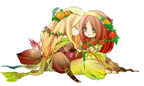 1990s_(style) anna_(ff4) blonde_hair blue_eyes brown_hair couple dress closed_eyes final_fantasy final_fantasy_iv flower edward_chris_von_muir hairband hat long_hair lowres nightingale_(artist) rose sitting