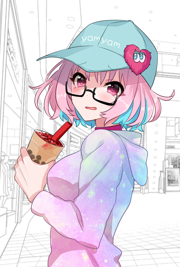 1girl baseball_cap bespectacled black-framed_eyewear blue_hair breasts bubble_tea choker clothes_writing commentary cup disposable_cup drinking_straw eyebrows_visible_through_hat fang from_side glasses gradient_hoodie hat heart holding holding_cup hood hood_down hoodie idolmaster idolmaster_cinderella_girls indoors large_breasts long_sleeves looking_at_viewer mall monochrome_background multicolored_hair open_mouth pink_choker pink_hoodie raised_eyebrows semi-rimless_eyewear solo sparkle_print sukoyaka_(100hituzi) two-tone_hair upper_body yumemi_riamu
