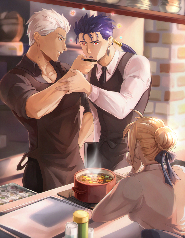 1girl 2boys apron archer_(fate) artoria_pendragon_(fate) black_necktie black_shirt black_vest blonde_hair blue_ribbon brown_apron collarbone collared_shirt commentary cu_chulainn_(fate) drinking earrings emiya-san_chi_no_kyou_no_gohan english_commentary fate/stay_night fate_(series) food gravesecrets hair_bun hand_on_another&#039;s_arm hand_on_own_face hand_on_own_hip indoors jewelry kitchen leaning_on_table long_hair long_sleeves multiple_boys necktie open_mouth ponytail red_eyes ribbon saber_(fate) shirt short_hair sleeves_rolled_up soup steam tan toned toned_male vest white_hair white_shirt yaoi