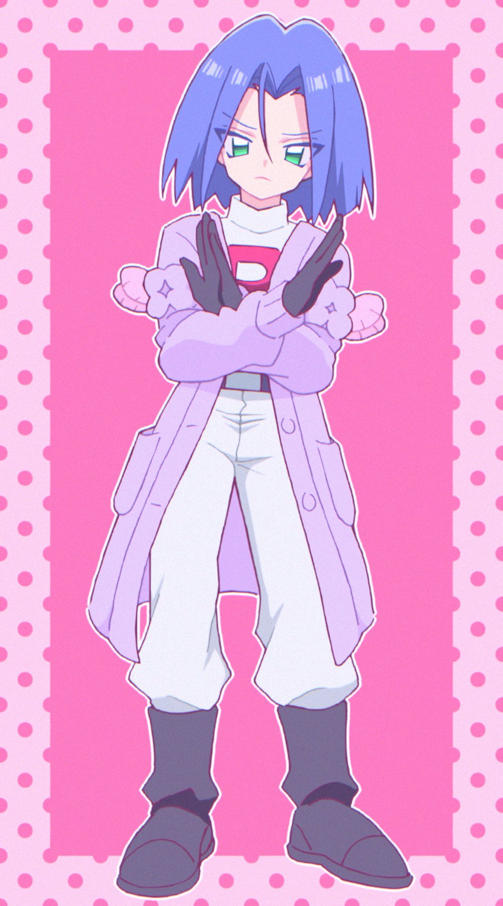 1boy black_footwear black_gloves blue_hair cosplay dots gloves green_eyes highres james_(pokemon) lacey_(pokemon) lacey_(pokemon)_(cosplay) macchiromomomo male_focus nintendo pink_background pokemon pokemon_(anime) pokemon_sv solo team_rocket team_rocket_uniform worried