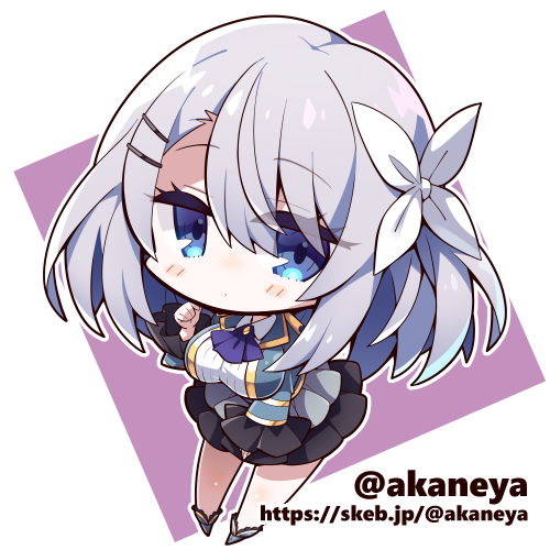 1girl akaneya ascot blue_boots blue_eyes blush boots brown_skirt chibi chibi_only closed_mouth collared_shirt commentary_request commission full_body grey_hair hair_between_eyes hair_ribbon hand_up hikikomari_kyuuketsuki_no_monmon jacket long_hair long_sleeves looking_at_viewer lowres open_clothes open_jacket outline purple_ascot purple_background ribbon sakuna_memoire shirt skeb_commission skirt solo twitter_username watermark web_address white_jacket white_outline white_ribbon white_shirt