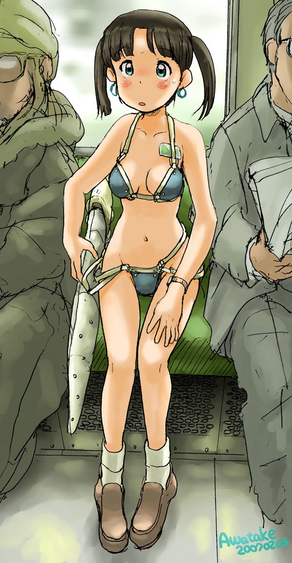 00s 1girl 2007 2boys armor artist_name awatake_takahiro bikini_armor black_hair blue_eyes blush bobby_socks dated earrings glasses jewelry loafers multiple_boys shoes sitting socks sword train_interior twintails weapon