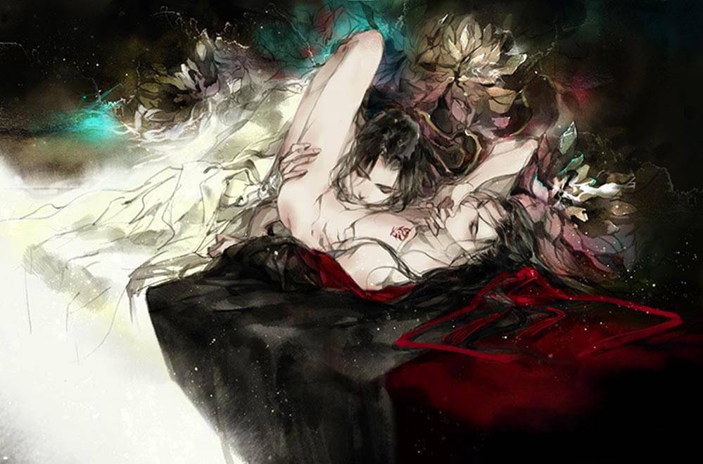 2boys bare_legs bare_pectorals bed bed_sheet black_hair black_hanfu blush chest_tattoo chinese_clothes closed_eyes covering_own_mouth faux_traditional_media fellatio flower hair_ribbon hand_on_another&#039;s_thigh hand_over_own_mouth hanfu kcllzas163 lan_wangji leg_grab light_particles long_hair lotus lying male_focus modao_zushi multiple_boys nipples nude on_back on_bed open_clothes open_robe oral partially_undressed pectorals ponytail red_ribbon ribbon robe spread_legs tattoo third-party_source watercolor_effect wei_wuxian white_hanfu yaoi