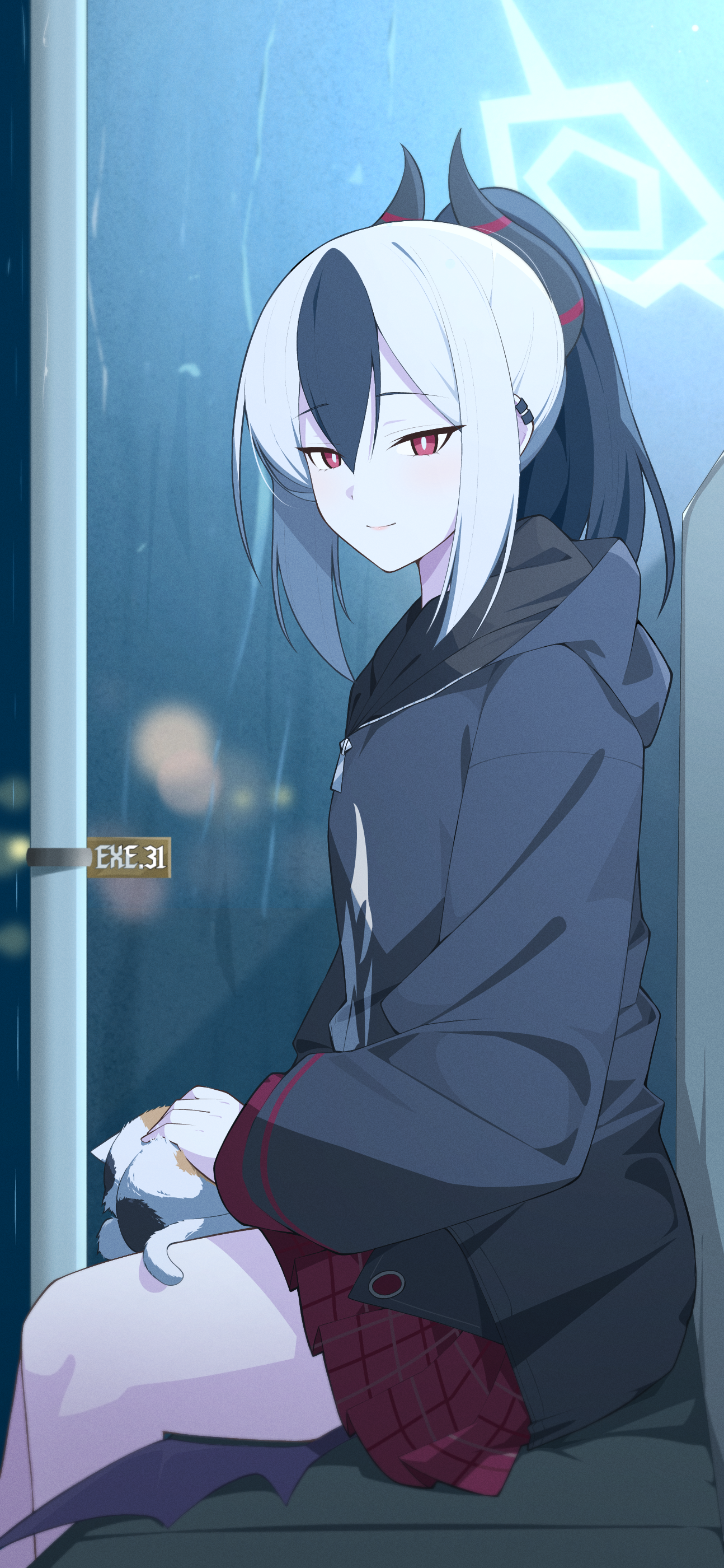 1girl absurdres animal animal_on_lap black_hair black_hoodie black_horns blue_archive blurry blurry_background cat commentary demon_horns ear_piercing exe.31 hair_between_eyes halo highres hood hood_down hoodie horns kayoko_(blue_archive) long_sleeves looking_at_viewer miniskirt multicolored_hair night on_lap petting piercing plaid_clothes plaid_skirt pleated_skirt ponytail purple_wings red_eyes red_skirt sidelocks sitting skirt solo two-tone_hair white_hair wings