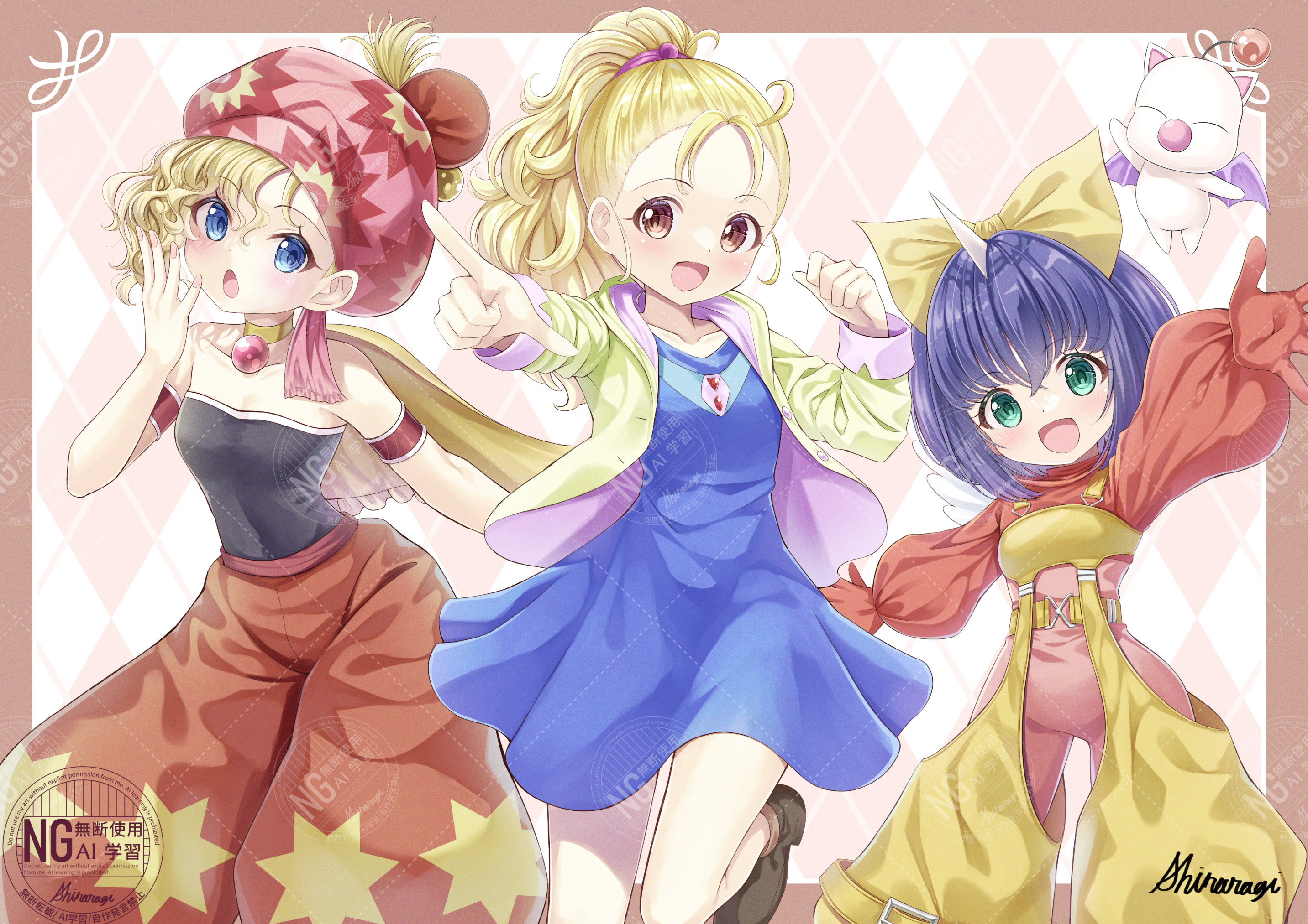 1other 3girls arm_up armlet baggy_pants blonde_hair blue_dress blue_eyes bodysuit bow brown_eyes cape dress eiko_carol final_fantasy final_fantasy_ix final_fantasy_v final_fantasy_vi gloves green_eyes highres horns in-franchise_crossover jacket jewelry krile_mayer_baldesion_(ff5) looking_at_viewer mini_wings moogle multiple_girls open_mouth overalls pants pointing pointing_at_viewer ponytail puffy_pants purple_hair relm_arrowny shiraragi short_hair single_horn smile strapless trait_connection tube_top wings yellow_bow yellow_jacket yellow_overalls
