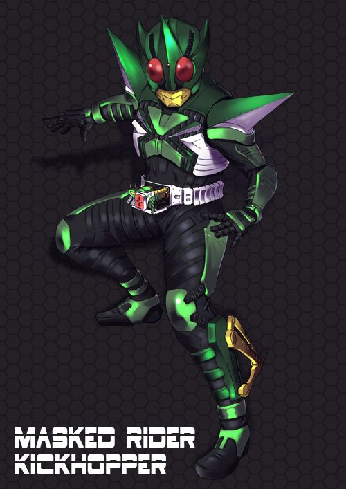 1boy armor belt bodysuit full_armor full_body kamen_rider kamen_rider_kabuto_(series) kamen_rider_kick_hopper kimmt looking_at_viewer machinery male_focus paintedmike solo