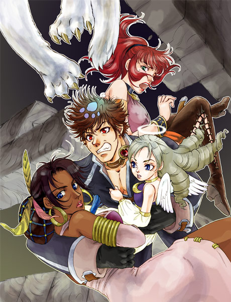 1boy 3girls angel_wings armband black_gloves blonde_hair blue_eyes boots brown_hair choker cornelia_(shadow_hearts) dark_skin detached_sleeves dress earrings elbow_gloves g-zennosuke gloves hair_bun hoop_earrings jacket jewelry karin_koenig kurando_(shadow_hearts) long_hair lucia_(shadow_hearts) multiple_girls open_mouth ponytail red_eyes red_hair shadow_hearts shadow_hearts_ii short_hair single_hair_bun thighhighs wings wolf yuri_hyuga