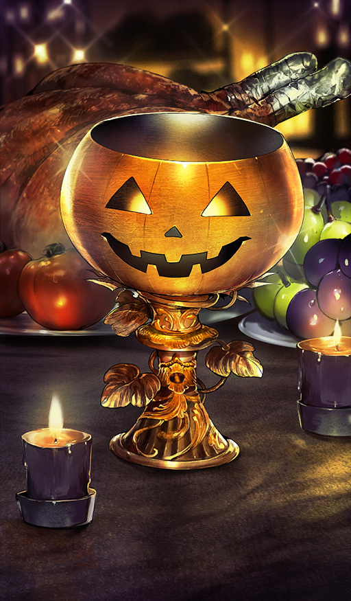 candle candlelight chalice commentary cup fate/grand_order fate_(series) fire food food_request fruit grapes jack-o&#039;-lantern lasengle no_humans object_focus official_art orange_theme sparkle still_life third-party_source turkey_(food)