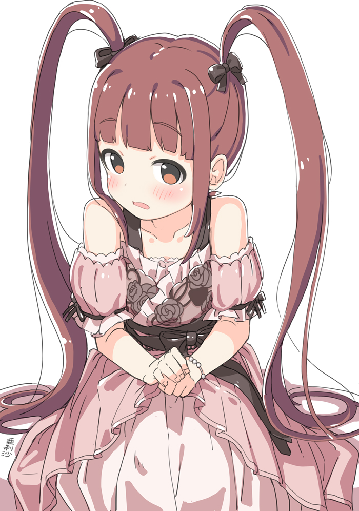 1girl bare_shoulders bead_bracelet beads black_bow black_ribbon bow bracelet collarbone dress dress_bow floral_print floral_print_dress hair_bow idolmaster idolmaster_million_live! jewelry kuresuku_(lessons) long_hair looking_at_viewer matsuda_arisa off-shoulder_dress off_shoulder open_mouth orange_eyes pink_dress print_dress red_hair ribbon sexy_beautiful_(idolmaster) short_sleeves sidelocks sleeve_ribbon solo twintails very_long_hair white_background