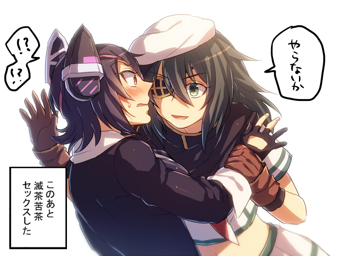 10s 2girls black_hair blush fingerless_gloves gloves green_eyes hat headgear kantai_collection kiso_(kancolle) meme mk multiple_girls partially_fingerless_gloves personification purple_hair short_hair sweatdrop tenryuu_(kancolle) they_had_lots_of_sex_afterwards_(meme) translation_request yaranaika yellow_eyes yuri