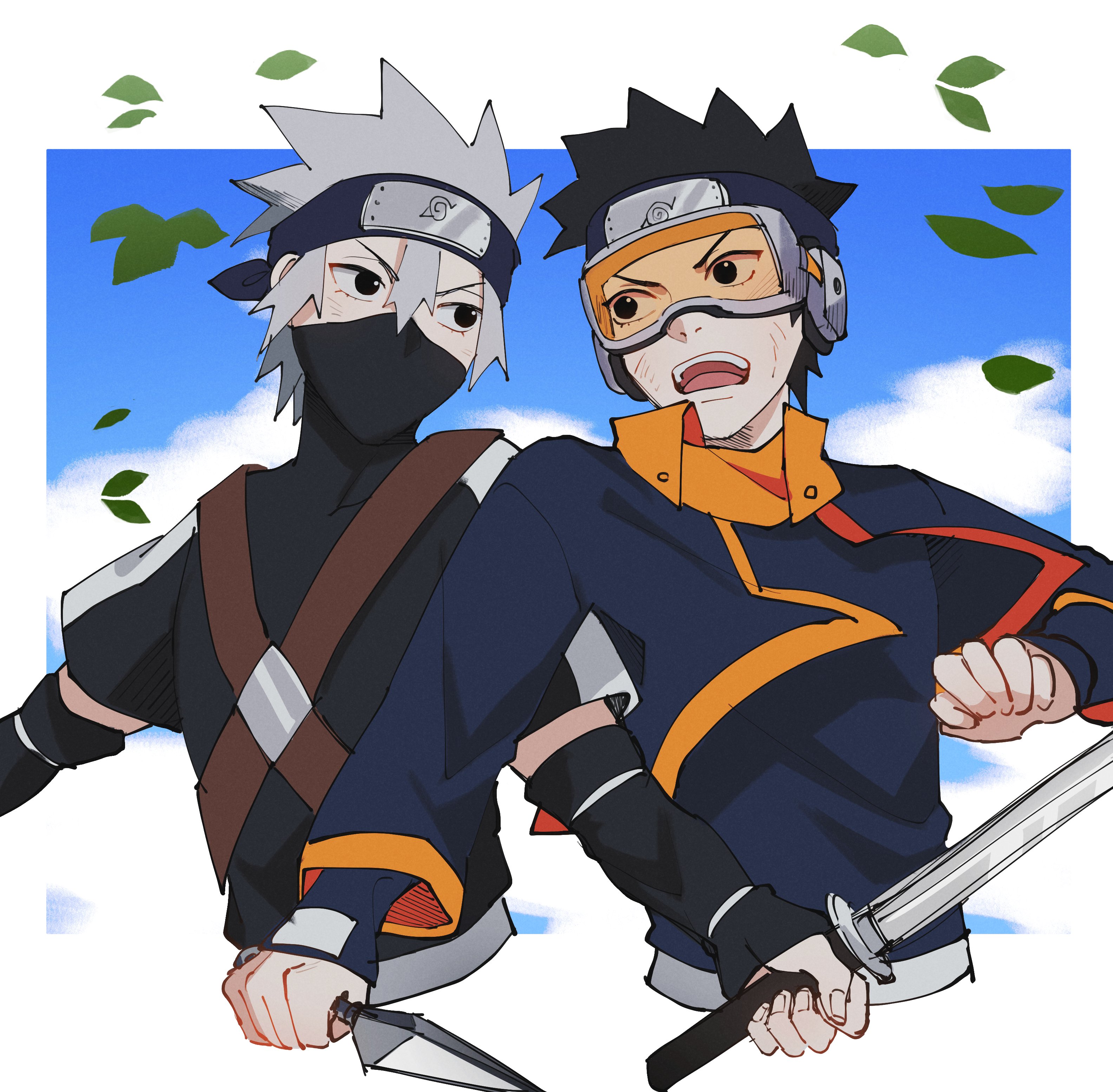 2boys absurdres aged_down black_hair blue_jacket forehead_protector goggles grey_hair hatake_kakashi highres holding holding_kunai holding_sword holding_weapon jacket kunai leaf long_sleeves looking_at_another male_focus mask mouth_mask multiple_boys naruto_(series) naruto_shippuuden open_mouth seirorath shirt short_hair spiked_hair sword teeth uchiha_obito v-shaped_eyebrows weapon