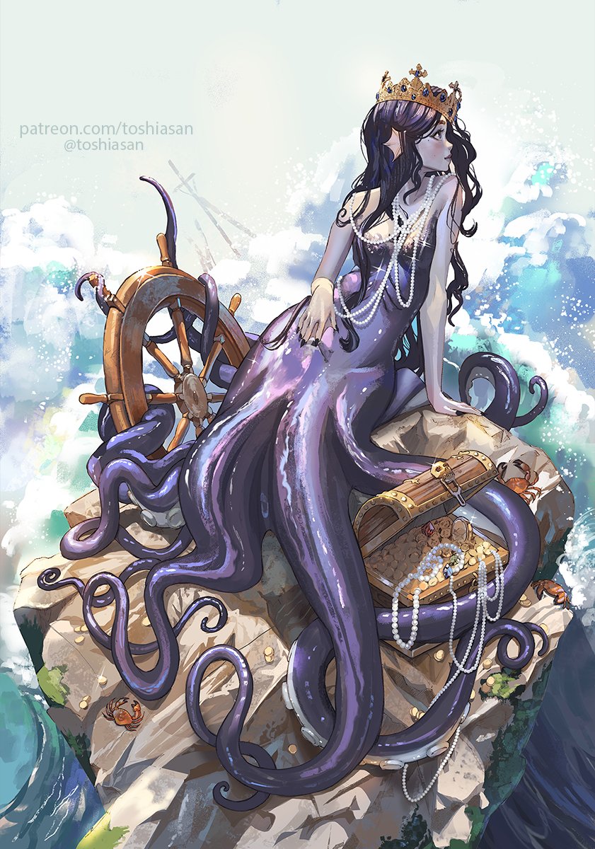 1girl arm_support black_nails blue_gemstone blush breasts closed_mouth coin colored_skin commentary crab crown fingernails fins foaming_waves full_body gem gills gold_coin gold_crown green_sky head_fins highres jeweled_crown jewelry long_hair looking_to_the_side monster_girl moss multiple_necklaces necklace no_nipples nude ocean on_rock original outdoors patreon_username pearl_necklace profile purple_hair purple_lips purple_skin red_gemstone rock sailing_ship scylla sharp_fingernails ship ship&#039;s_wheel sky small_breasts solo suction_cups symbol-only_commentary tentacles toshiasan treasure treasure_chest twitter_username water_drop watercraft waves webbed_hands