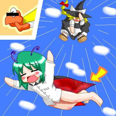 2girls antennae bar_censor barefoot blonde_hair blush_stickers bottomless bow cape censored censored_identity chibi closed_eyes cloud crossover day falling flying green_hair hair_bow hat hat_bow kirisame_marisa koopa lowres mario_(series) multiple_girls myonde nintendo no_pants oekaki parody super_koopa super_mario_world super_marisa_world team_shanghai_alice tears touhou witch_hat wriggle_nightbug