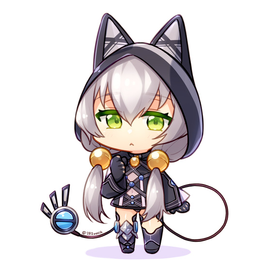 1girl altina_orion animal_ear_hood arm_up black_hoodie chibi chibi_only closed_mouth commentary_request covered_navel eiyuu_densetsu fake_animal_ears fake_tail full_body green_eyes grey_hair hair_between_eyes hiezu182 hood hoodie long_hair looking_at_viewer sen_no_kiseki sen_no_kiseki_(series) sen_no_kiseki_ii simple_background solo tail white_background