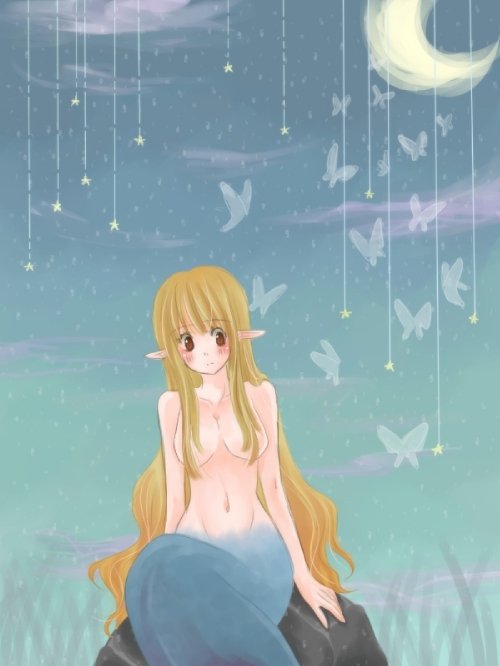 1girl ayu_(citron) blonde_hair blue_sky blush breasts brown_eyes bug butterfly closed_mouth commentary_request completely_nude convenient_censoring crescent_moon feet_out_of_frame hair_over_breasts insect long_hair medium_breasts mermaid monster_girl moon navel nude original pointy_ears sitting sky smile solo topless_female very_long_hair white_butterfly