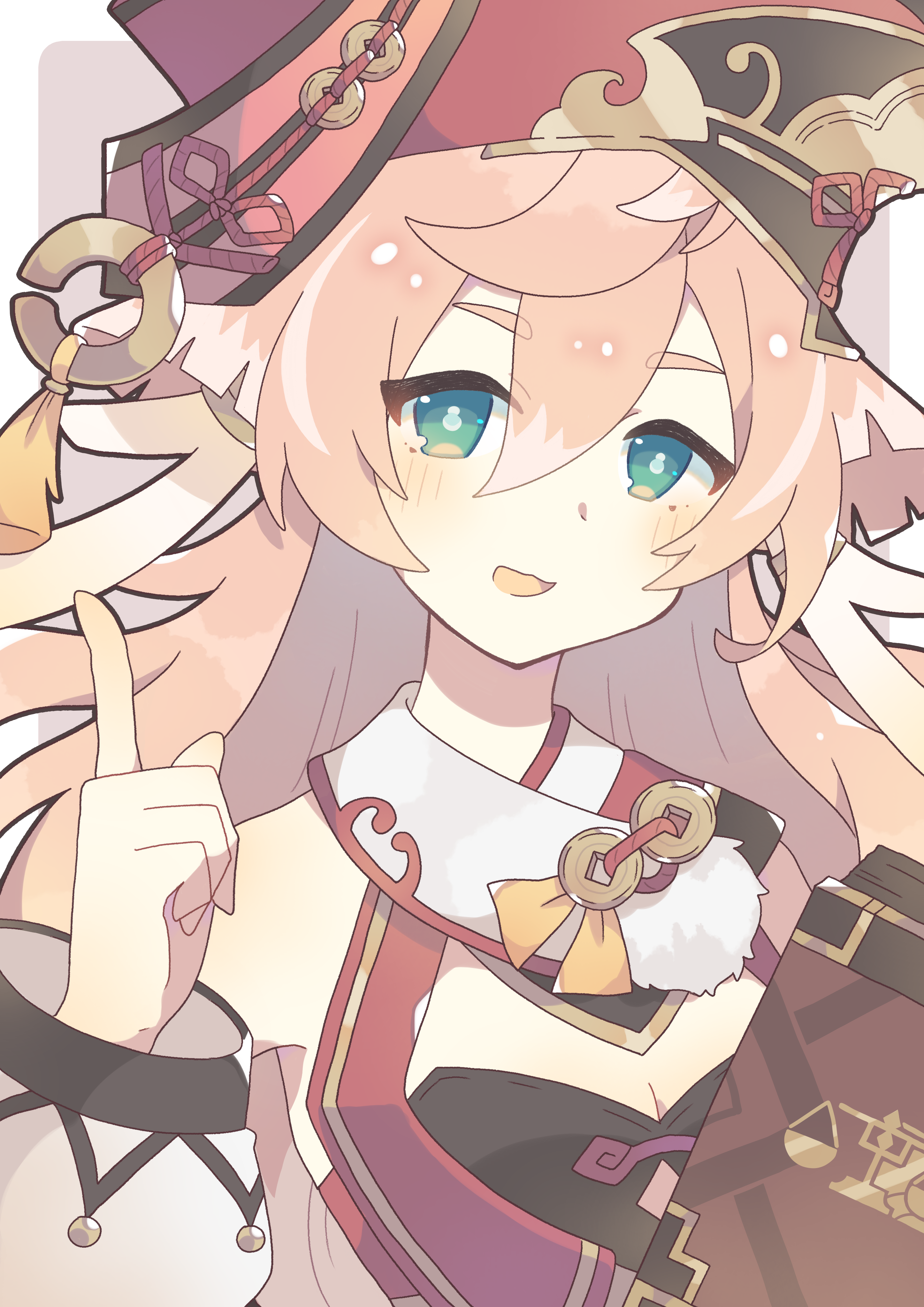 absurdres bare_shoulders breasts coin_hair_ornament detached_sleeves genshin_impact green_eyes hair_between_eyes hair_ornament hat highres index_finger_raised komano_shia pink_hair porkpie_hat red_hat small_breasts upper_body white_background white_sleeves yanfei_(genshin_impact)
