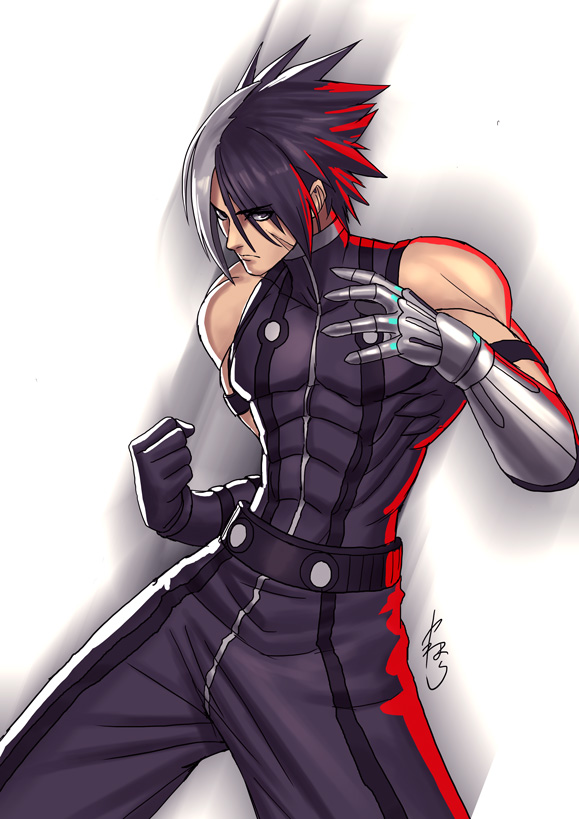 1boy black_hair closed_mouth facial_scar gloves looking_at_viewer male_focus metal_gloves multicolored_hair muscular muscular_male nameless_(kof) scar scar_across_eye scar_on_cheek scar_on_face snk solo split-color_hair the_king_of_fighters the_king_of_fighters_2002 two-tone_hair white_hair yamahara