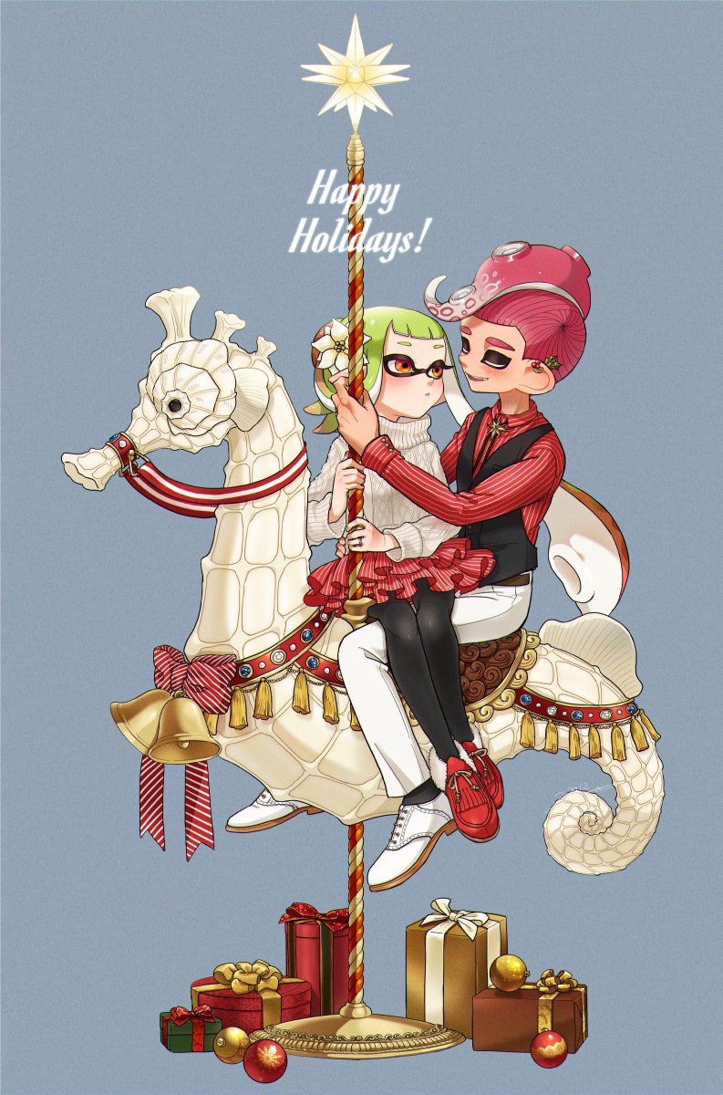 1boy 1girl alternate_hairstyle bell belt black_belt black_pantyhose black_vest blunt_bangs blush bolo_tie carousel christmas christmas_ornaments closed_eyes collared_shirt commentary couple demon_girl earrings english_text fish flower frilled_skirt frills gift green_hair grey_background hair_flower hair_ornament hair_up happy_holidays hetero highres inkling inkling_girl inkling_player_character jewelry layered_skirt long_hair long_sleeves mask mohawk nintendo octoling octoling_boy octoling_player_character orange_eyes pants pantyhose parted_lips pole red_footwear red_hair red_shirt red_skirt ribbed_sweater ring seahorse shirt shoes short_hair simple_background sitting sitting_on_lap sitting_on_person skirt smile splatoon_(series) star_ornament striped_clothes striped_shirt striped_skirt sweater symbol-only_commentary tassel tentacle_hair turtleneck vertical-striped_clothes vertical-striped_shirt vertical-striped_skirt vest white_footwear white_pants white_sweater yeneny