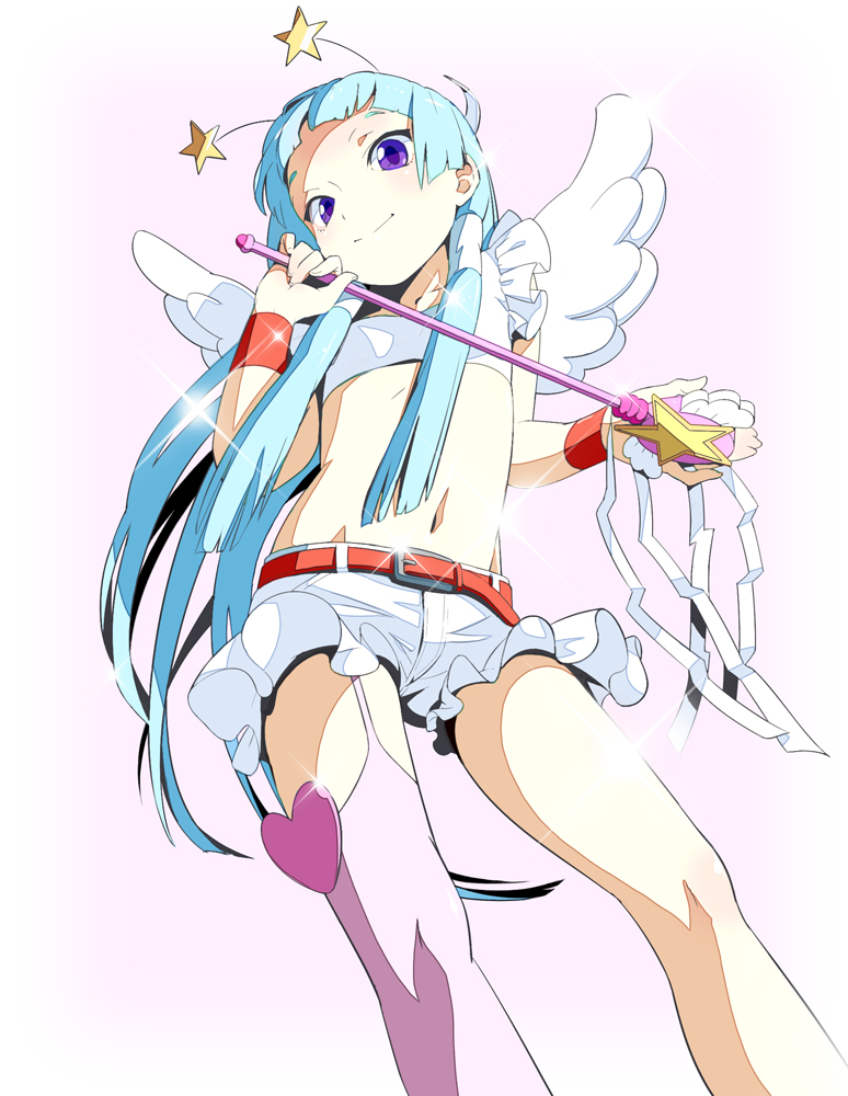 1girl 9aki belt blue_hair female_focus flat_chest garter_straps hair_tubes kannagi long_hair nagi navel pink_background pink_thighhighs purple_eyes single_thighhigh smile solo thighhighs wand wings