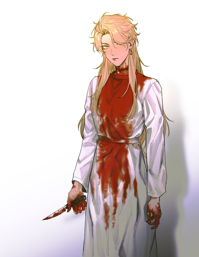 1girl blonde_hair blood blood_on_clothes blood_on_hands bloody_weapon breasts closed_mouth commentary_request dio_brando dress ear_birthmark earrings genderswap genderswap_(mtf) hako_iix07 holding holding_knife injury jewelry jojo_no_kimyou_na_bouken knife long_hair long_sleeves looking_at_viewer medium_breasts photo-referenced scar scar_on_neck shadow solo very_long_hair weapon white_dress yellow_eyes
