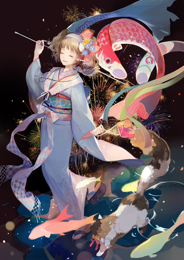 1girl animal bell bow brown_hair calico carp cat closed_eyes female_focus fireworks fish hair_bow hairband hand_up japanese_clothes jewelry jingle_bell kimono kite koinobori light_particles miracle_nikki necklace nikki_(series) nineo obi original platform_sandals ripples sandals sash solo two_side_up walking windsock zouri