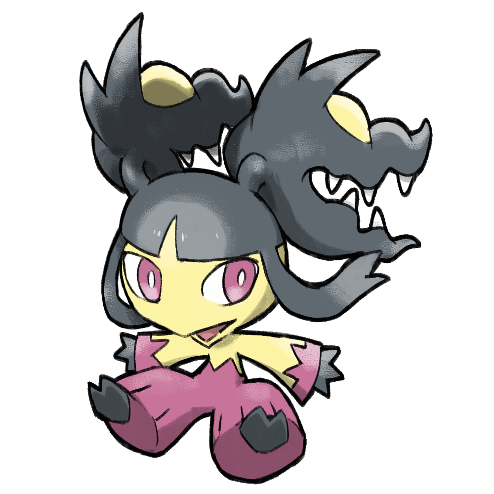 blacknirrow chibi full_body gen_3_pokemon mawile mega_mawile mega_pokemon nintendo no_humans open_mouth pink_eyes pokemon pokemon_(creature) sharp_teeth simple_background solo teeth white_background