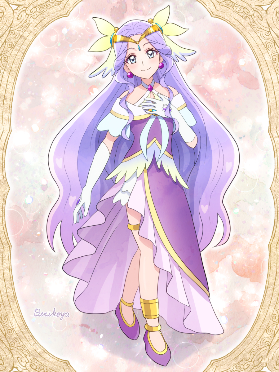 1girl ankle_cuffs artist_name bare_shoulders benikoya blue_eyes blush bow closed_mouth cure_earth dress earrings elbow_gloves feather_hair_ornament frilled_dress frills fuurin_asumi gloves hair_bow hair_ornament headpiece healin&#039;_good_precure heart heart_hair_ornament highres jewelry long_hair looking_at_viewer magical_girl precure purple_dress purple_hair purple_shoes shoes smile solo sphere_earrings very_long_hair white_gloves yellow_bow