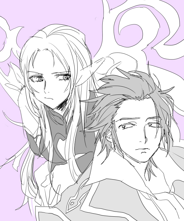 1boy 1girl alvin_(tales) bare_shoulders breasts coat long_hair muzet_(tales) pointy_ears short_hair tales_of_(series) tales_of_xillia wings