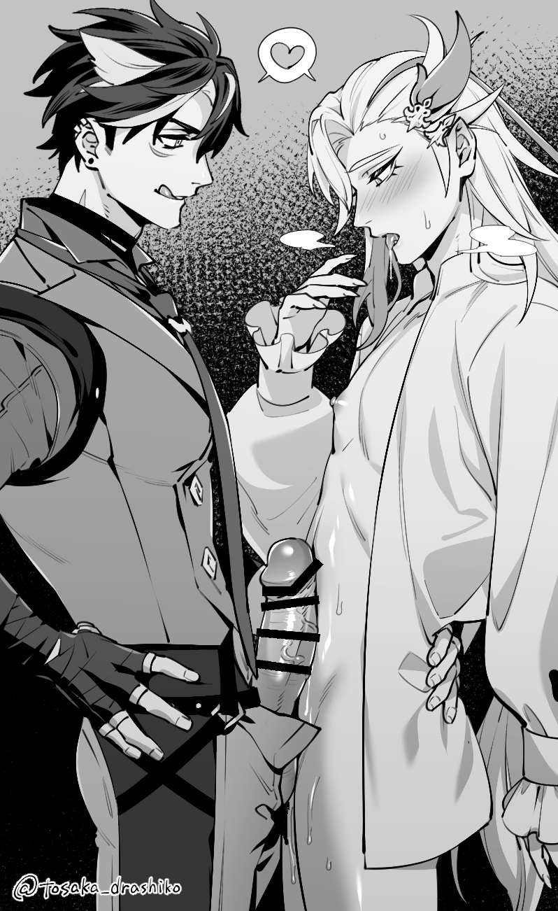 1cuntboy 2boys blush clothed_male_nude_male cuntboy cuntboy_with_male earrings genshin_impact gloves highres jewelry large_penis licking_lips looking_at_another multiple_boys necktie neuvillette_(genshin_impact) nude open_fly open_pants pants penis penis_awe penis_on_stomach reverse_newhalf_with_male saliva scar smirk standing stud_earrings tongue tongue_out tosaka_drashiko veins veiny_penis vest wriothesley_(genshin_impact) yaoi