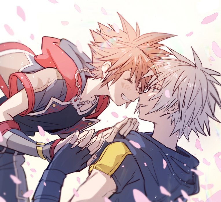 2boys black_gloves blush brown_hair chain chain_necklace closed_eyes falling_petals fingerless_gloves gloves grey_hair grin hair_between_eyes hood hood_down hooded_jacket jacket jewelry kingdom_hearts male_focus multiple_boys necklace parted_lips petals riku_(kingdom_hearts) short_hair short_sleeves smile sora_(kingdom_hearts) spiked_hair teeth upper_body yaoi yurichi_(artist)