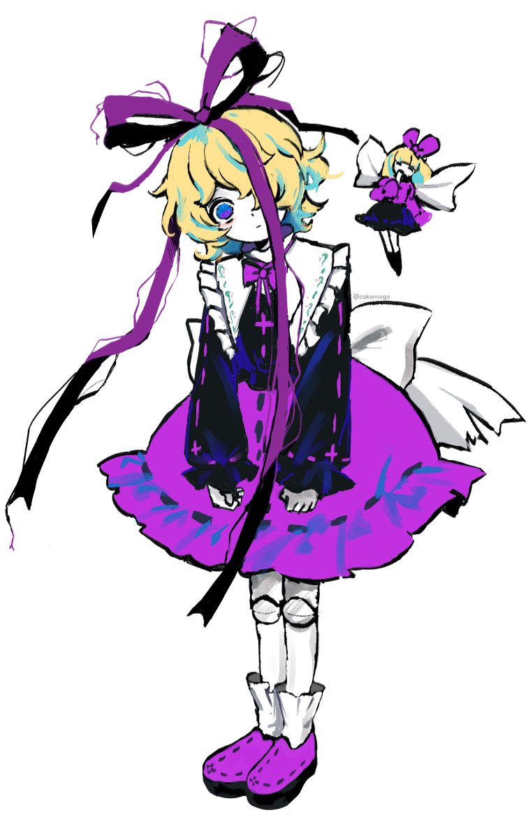 2girls blonde_hair bow cake_mogo closed_mouth doll_joints dress expressionless frilled_dress frills hair_bow head_tilt joints long_sleeves looking_at_viewer medicine_melancholy multiple_girls no_pupils purple_bow purple_dress purple_eyes purple_ribbon purple_shoes ribbon shoes short_hair simple_background socks solo_focus su-san touhou white_background white_socks