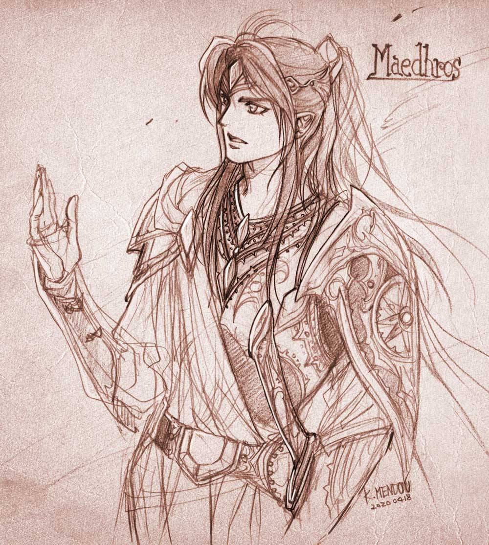 1boy armor brown_theme dated hand_up kazuki-mendou tolkien&#039;s_legendarium maedhros male_focus monochrome one-hour_drawing_challenge open_mouth pauldrons ponytail shoulder_armor signature sketch solo sword the_silmarillion weapon