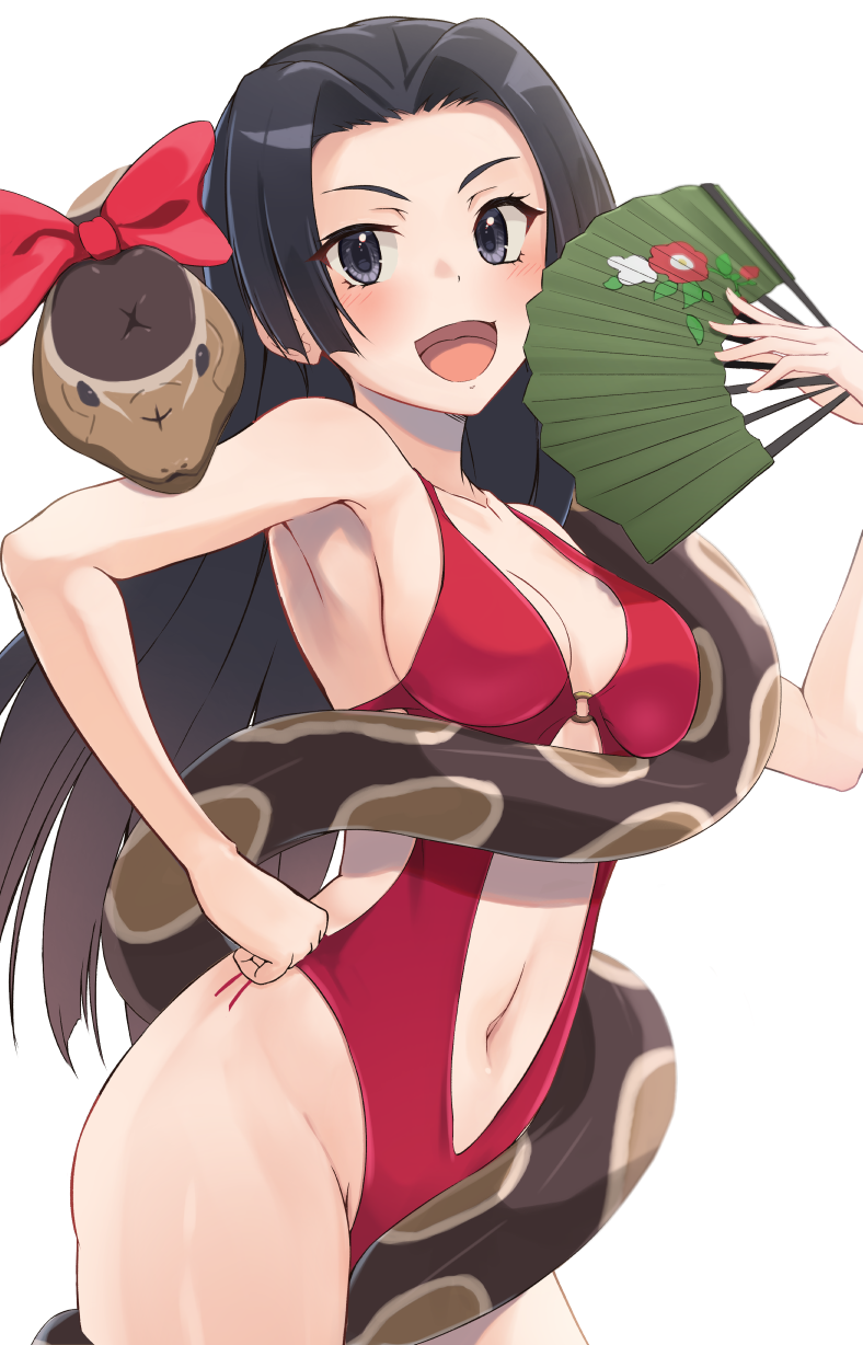 1girl :d black_eyes black_hair breasts cleavage clothing_cutout commentary_request folding_fan hand_fan hand_on_own_hip highleg highleg_one-piece_swimsuit highres k3rd kongou_mitsuko long_hair looking_at_viewer medium_breasts one-piece_swimsuit open_mouth parted_bangs red_one-piece_swimsuit smile snake snake_wrapped_around_body solo stomach_cutout swimsuit toaru_kagaku_no_railgun toaru_majutsu_no_index white_background