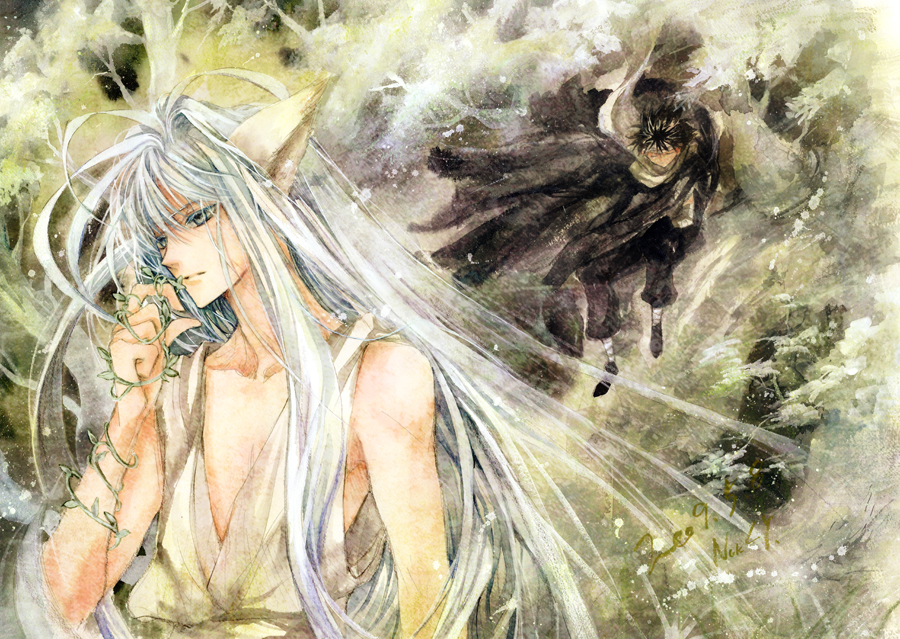 2boys animal_ears bad_id bad_pixiv_id black_hair fox_ears hiei kurama_(yu_yu_hakusho) long_hair male_focus multiple_boys nokcy plant traditional_media vines white_hair youko_kurama yuu_yuu_hakusho