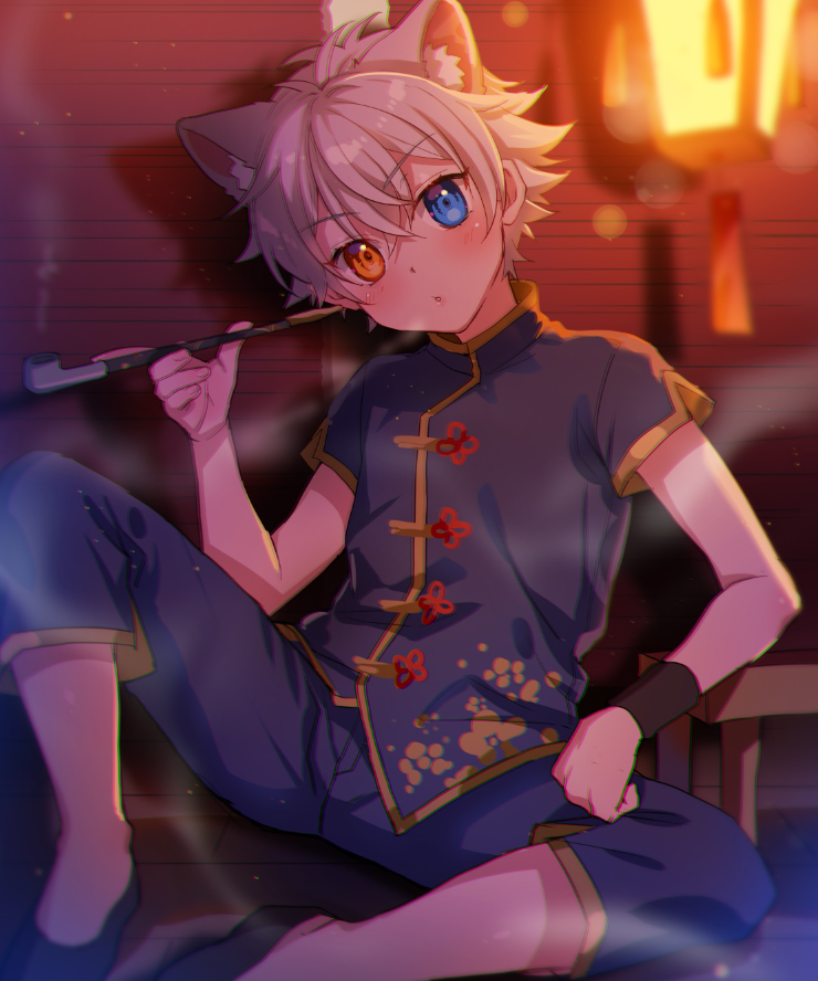 1boy animal_ears blue_eyes blue_footwear blue_jacket blue_pants blush cat_boy cat_ears ginjiro_(ginziro525) ginjiro_(vtuber) grey_hair heterochromia holding holding_smoking_pipe indie_virtual_youtuber jacket lantern male_focus orange_eyes pants short_hair short_sleeves smoking_pipe virtual_youtuber