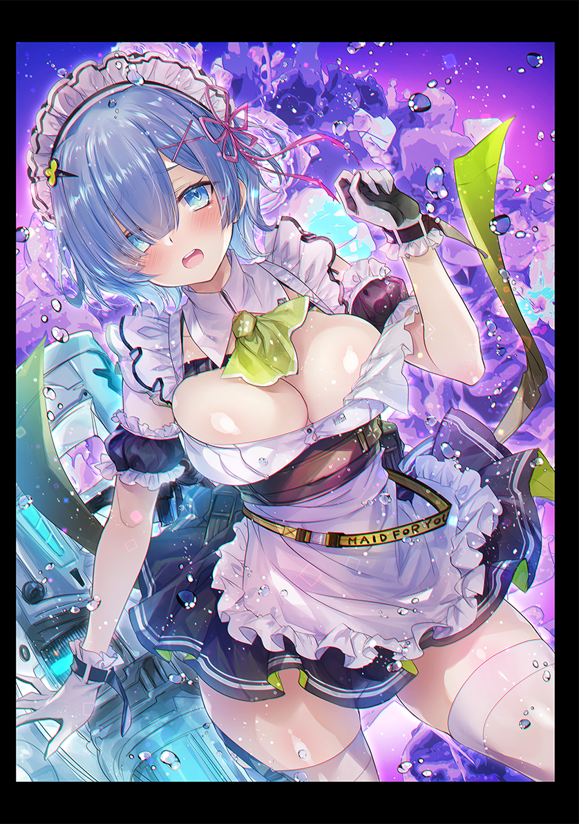 1girl blue_eyes blue_hair blush breasts cleavage cosplay dress frills gatling_gun goddess_of_victory:_nikke hair_ornament hair_over_one_eye hair_ribbon kobayashi_yoshitaka looking_at_viewer maid maid_for_you_(nikke) maid_headdress medium_breasts minigun open_mouth pink_ribbon re:zero_kara_hajimeru_isekai_seikatsu rem_(re:zero) ribbon short_hair soda_(nikke) soda_(nikke)_(cosplay) solo thighhighs two-tone_gloves undersized_breast_cup water_drop white_thighhighs x_hair_ornament