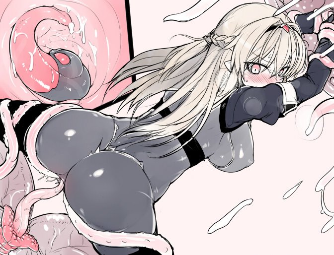 1girl anal anus arms_up ass blush bodysuit braid breasts breath cameltoe covered_erect_nipples covered_navel female_focus french_braid hairband large_breasts lilia_(null) limited_palette long_hair looking_back looking_down monochrome null_(nyanpyoun) original pointy_ears restrained simple_background slime_(substance) solo spread_anus spread_pussy spread_pussy_under_clothes sweat tentacles white_background