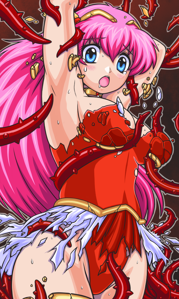 ai_tenshi_densetsu_wedding_peach angel_salvia armor_break_(yu-gi-oh!) armpits arms_up athletic_leotard breasts cupsoup defeat destroyed_clothing groin hanasaki_momoko imminent_tentacle large_breasts leotard magical_girl peril ryona scared skirt tearing_clothes tearing_up tentacles torn_clothes torn_skirt wakipai worried