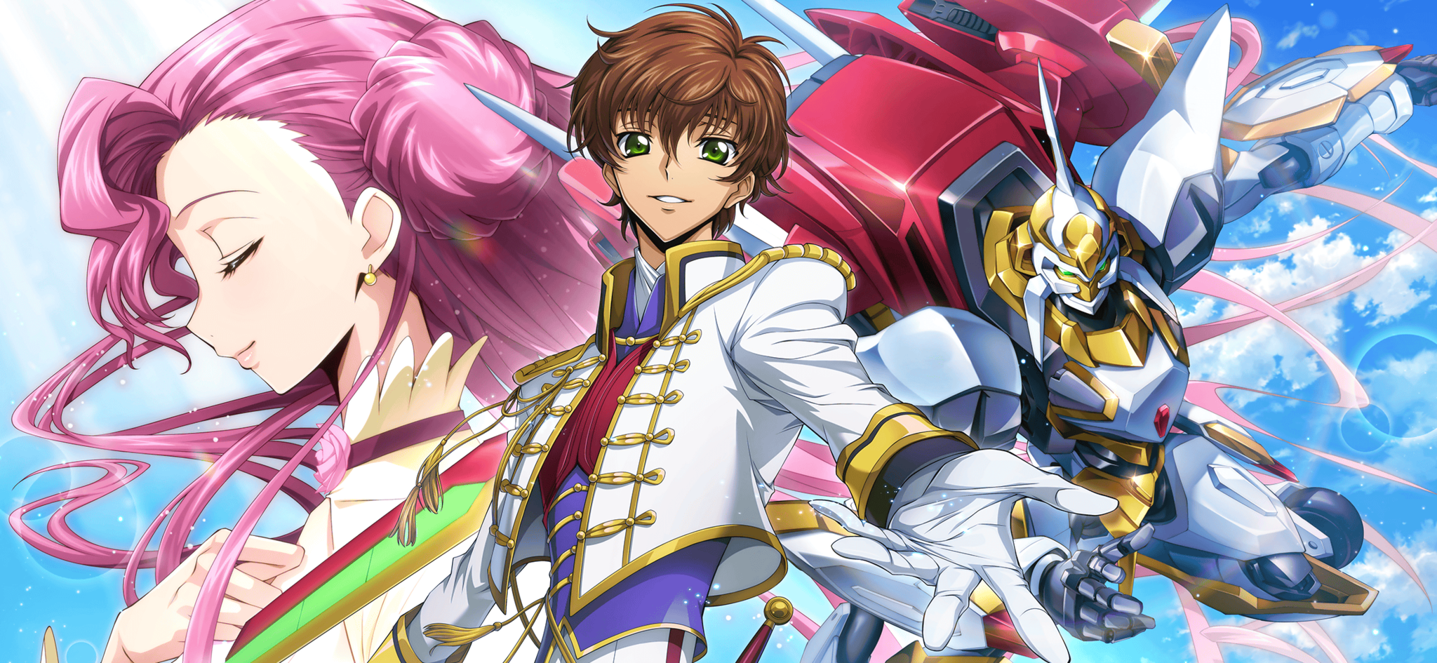 1boy 1girl artist_request blue_sky brown_hair closed_eyes cloud code_geass code_geass:_lost_stories cropped_jacket day earrings epaulettes euphemia_li_britannia flower from_side game_cg glint gloves gold_trim green_eyes hair_between_eyes hand_on_own_chest hand_up highres jacket jewelry kururugi_suzaku lancelot_(code_geass) lancelot_air_cavalry lens_flare light_particles long_hair long_sleeves looking_at_viewer mecha military_uniform non-web_source official_art outdoors outstretched_arm parted_lips pink_flower pink_hair profile purple_shirt reaching reaching_towards_viewer red_vest robot shirt short_hair sidelocks sky smile standing tassel teeth u_u upper_body vest white_gloves white_jacket