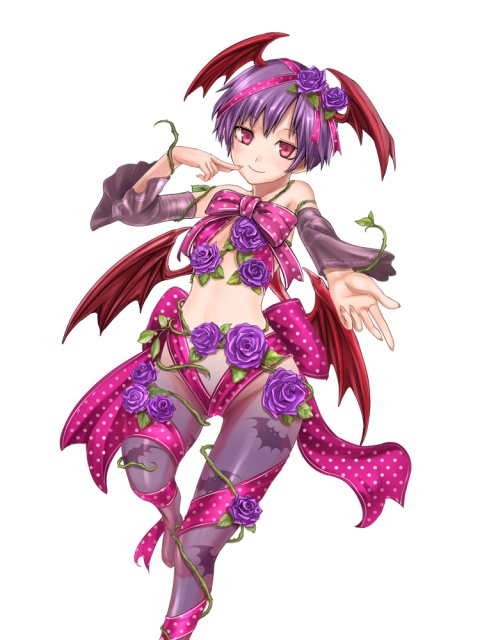 1girl alternate_costume animal_print artist_request bare_shoulders bat_print bat_wings blush capcom darkstalkers demon_girl detached_sleeves female_focus finger_to_mouth flat_chest flower hair_flower hair_ornament head_wings lilith_(darkstalkers) mini_wings no_shoes onimusha_soul outstretched_hand pantyhose plant print_pantyhose purple_flower purple_hair purple_rose red_eyes ribbon rose short_hair smile solo vines wings