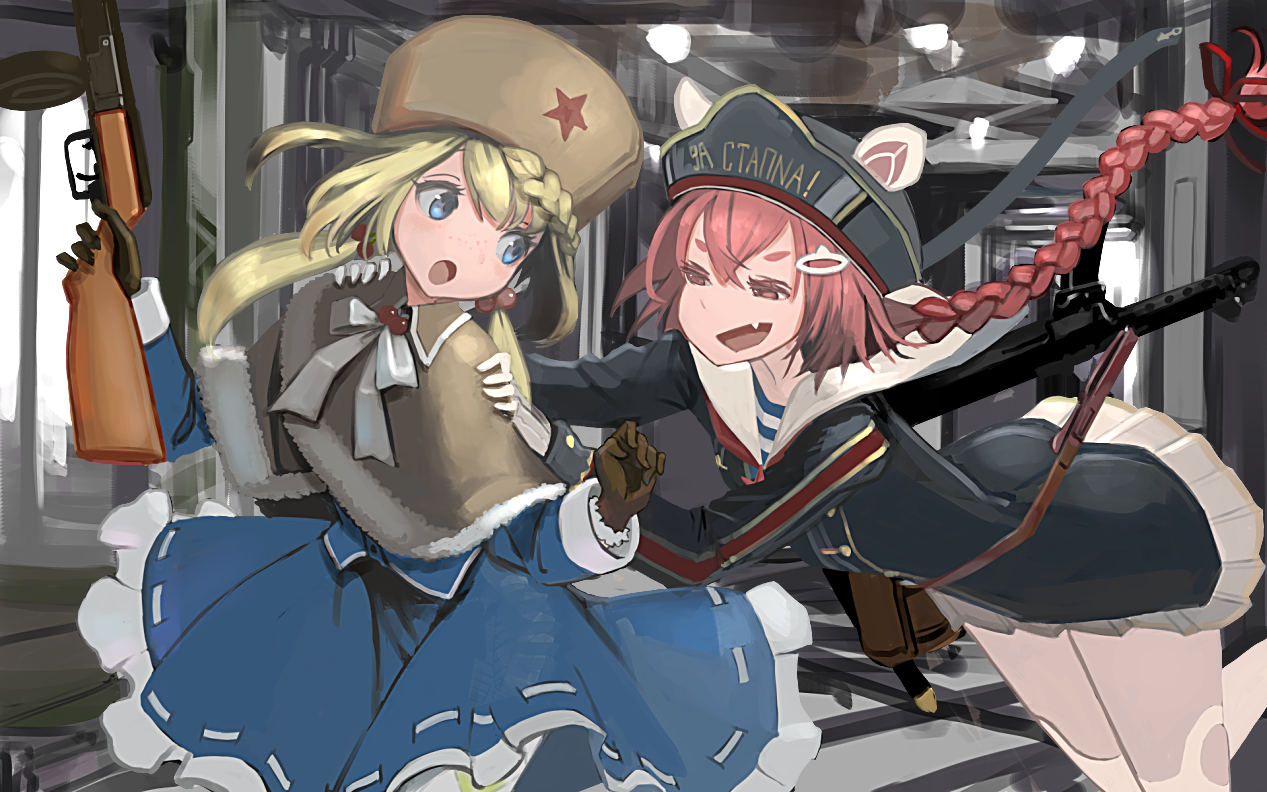 2girls animal_hat blonde_hair blue_eyes blue_skirt blush bow braid brown_gloves capelet clothes_writing cyrillic drum_magazine eyelashes fang freckles fur_hat girls&#039;_frontline gloves gun gun_sling hair_between_eyes hair_bobbles hair_ornament hairclip hat holding holding_gun holding_weapon indoors jacket kesomaru long_hair long_sleeves low_twintails magazine_(weapon) military military_uniform miniskirt multiple_girls open_mouth pink_eyes pink_hair pps-43 pps-43_(girls&#039;_frontline) ppsh-41 ppsh-41_(girls&#039;_frontline) red_star sailor_hat shirt short_eyebrows single_braid skirt star_(symbol) striped_clothes striped_shirt submachine_gun telnyashka thighhighs twintails ushanka very_long_hair weapon white_gloves white_legwear