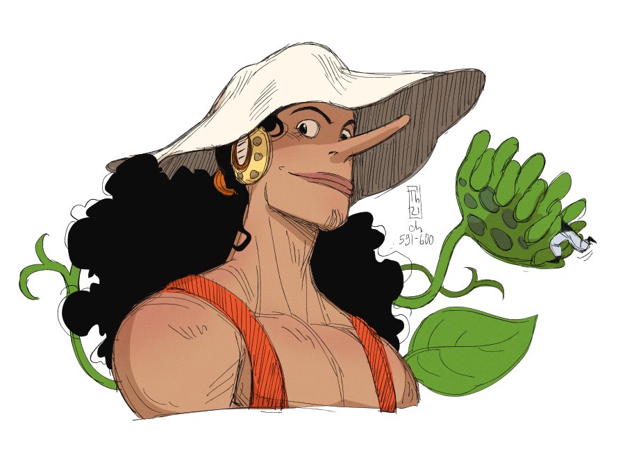 1boy aged_up black_hair cropped_torso dark-skinned_male dark_skin facial_hair florakinesis goatee_stubble hat headphones long_hair long_nose male_focus one_piece pectorals plant solo stubble sun_hat suspenders tench usopp