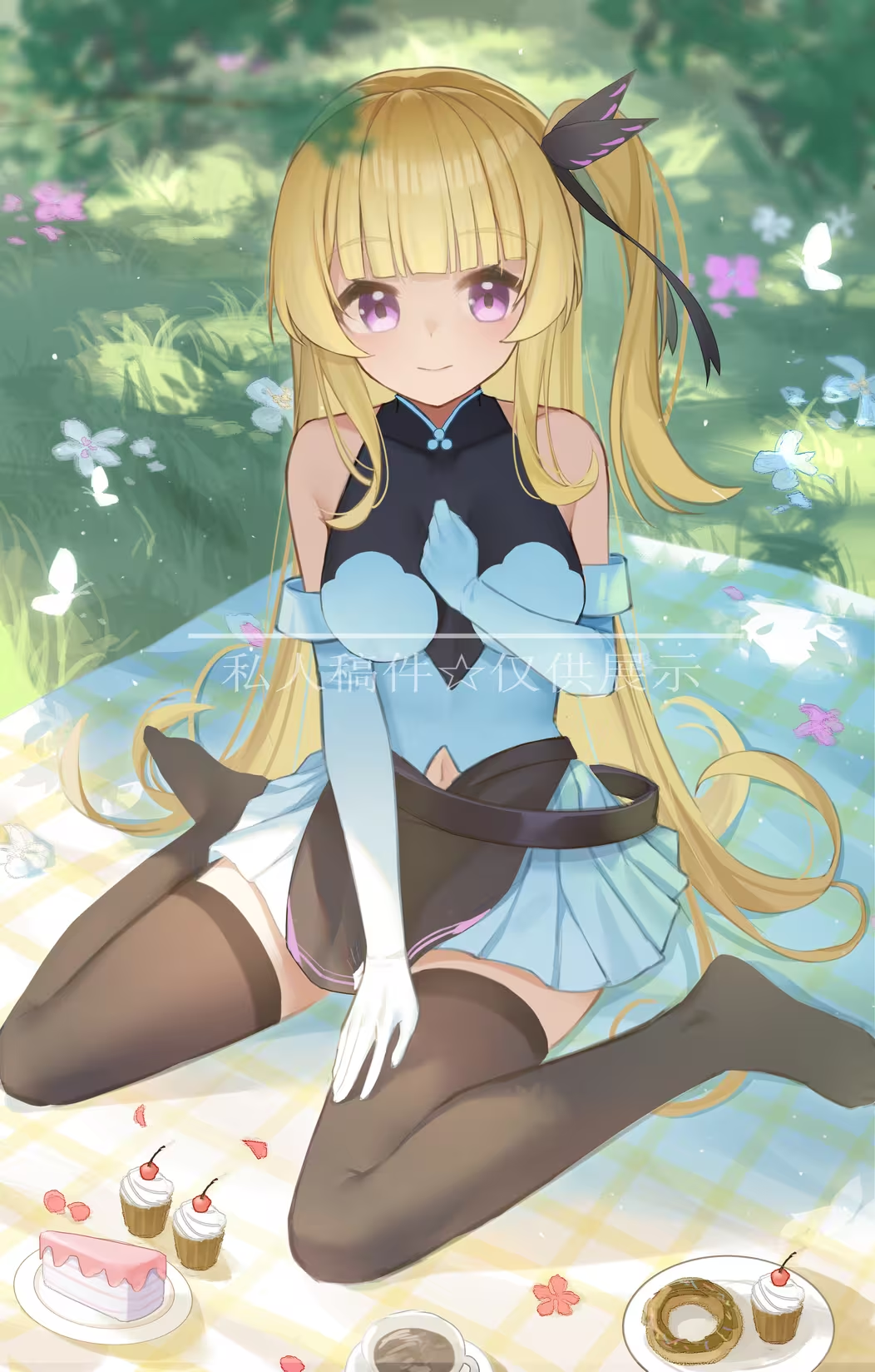 1girl bare_shoulders black_thighhighs blonde_hair blue_dress blue_gloves cake cake_slice commentary_request cupcake donut dress elbow_gloves flower food gloves grass hair_ornament highres hime_cut long_hair looking_at_viewer original picnic picnic_blanket plate purple_eyes sitting solo tea thighhighs very_long_hair wariza wlswlp