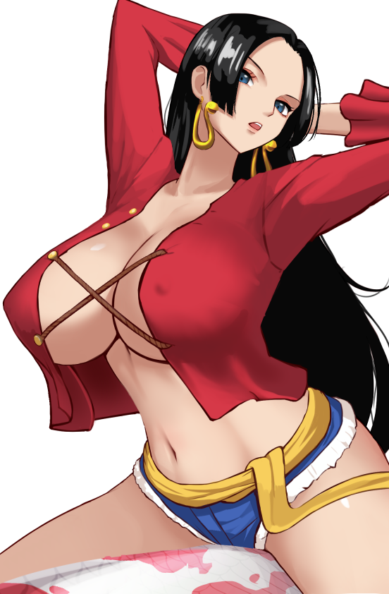 1girl boa_hancock breasts cosplay earrings jewelry large_breasts long_hair monkey_d._luffy monkey_d._luffy_(cosplay) one_piece
