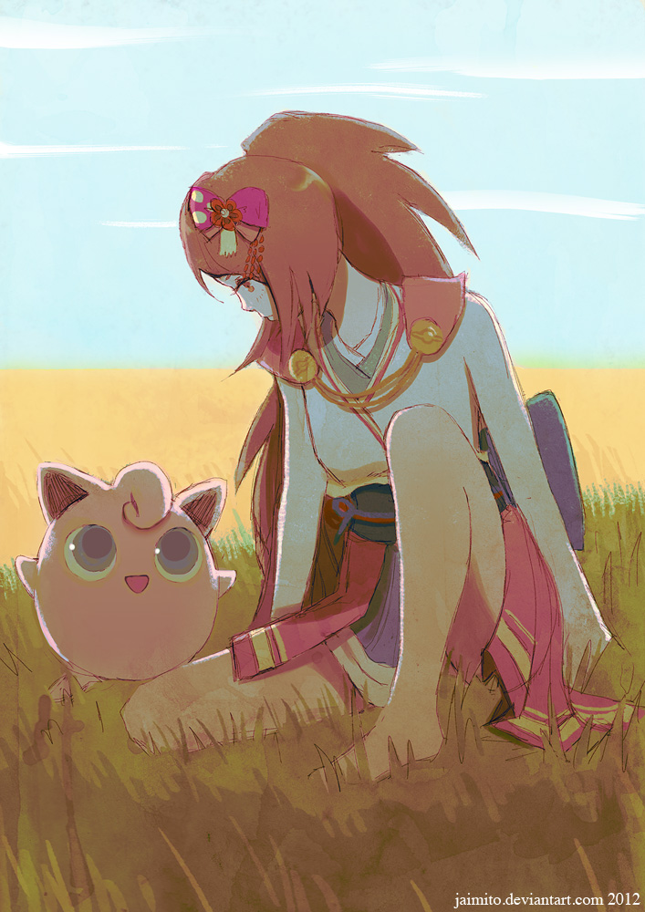 bare_legs blue_eyes brown_eyes brown_hair creatures_(company) field game_freak gen_1_pokemon grass hair_ribbon jaimito japanese_clothes jigglypuff kimono legs long_hair looking_down nintendo oichi oichi_(pokemon_conquest) oichi_(sengoku_musou) poke_ball_symbol pokemon pokemon_conquest ponytail ribbon sengoku_musou shadow smile