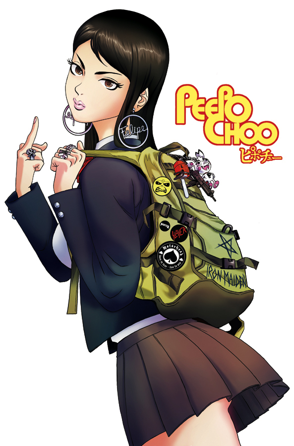 1girl artist_name backpack badge bag bag_charm black_hair blazer brown_eyes brown_hair button_badge buttons chainsaw charm_(object) copyright_name cowboy_shot earrings eddie_the_head eyelashes felipe_smith female_focus from_side gun hoop_earrings iron_maiden_(band) jacket jewelry kawamori_reiko lapel_pin lipstick long_hair long_sleeves machine_gun makeup merchandise middle_finger miniskirt motorhead official_art open_clothes open_jacket pantera_(band) parted_bangs peepo_choo pentagram pin pink_lips pleated_skirt punk ring school_uniform serafuku shirt simple_background skirt skull_and_crossbones slayer_(band) solo spade swept_bangs weapon white_background