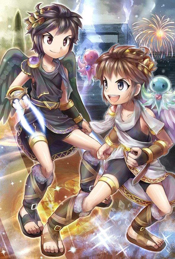 2boys :d aerial_fireworks ahoge azumi_(tks-sd) black_hair black_undershirt blue_eyes blue_scarf bracer brown_eyes brown_hair brown_sandals dark_pit fairy_orbitars_(kid_icarus) fireworks full_body fur-trimmed_footwear fur_trim gold_thighlet jewelry kid_icarus kid_icarus_uprising laurel_crown multiple_boys nintendo open_mouth pit_(kid_icarus) sandals scarf short_hair sidelocks sky smile spiked_hair thighlet v-shaped_eyebrows white_scarf