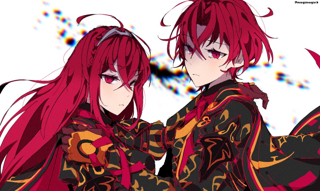 1boy 1girl alear_(female)_(fire_emblem) alear_(fire_emblem) alear_(male)_(fire_emblem) braid closed_mouth crossed_bangs dual_persona empty_eyes expressionless fire_emblem fire_emblem_engage from_side hand_on_another&#039;s_shoulder long_hair looking_to_the_side matching_hair/eyes mugimugis nintendo past_alear_(female) past_alear_(male) red_eyes red_hair twitter_username