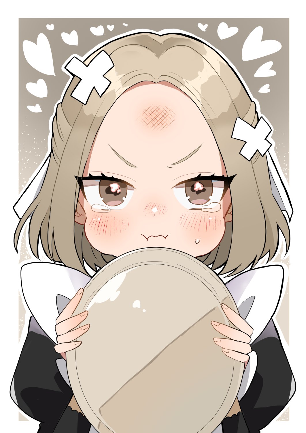 1girl :i blush brown_eyes chacha_kamimaru commentary forehead grey_background grey_hair half_updo heart highres holding holding_tray injury juliet_sleeves kimi_no_koto_ga_dai_dai_dai_dai_daisuki_na_100-nin_no_kanojo long_sleeves looking_at_viewer maid meido_mai outline pout puffy_cheeks puffy_sleeves simple_background solo straight-on tearing_up tray upper_body veil wavy_mouth white_outline